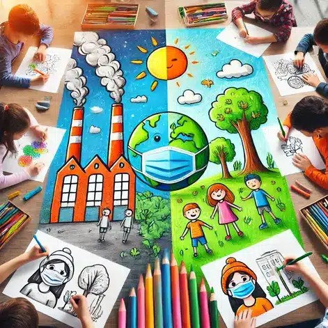 "Easy Air Pollution Drawing for Kids featuring children creating colorful artwork about environmental awareness, depicting factories, smog, trees, and the Earth wearing a mask."