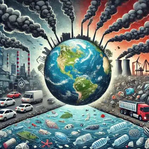 ๐ท Earth in crisis: Our planet surrounded by factories emitting smoke, vehicles producing exhaust, oceans filled with plastic waste, and forests being cleared.