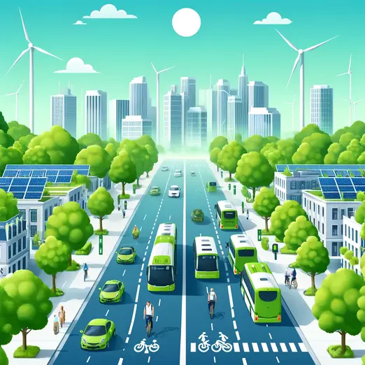 "A modern city using public transportation, bike lanes, and carpooling to reduce air pollution from traffic emissions."