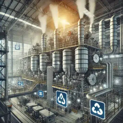 "An industrial factory with advanced air filtration systems reducing pollution emissions."