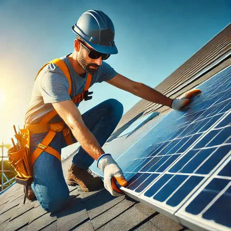 A professional technician installing solar panels on a rooftop for Renewable Energy at Home.