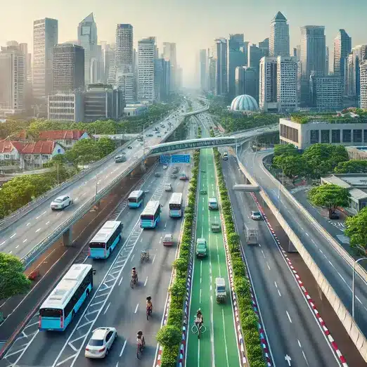 "A vibrant cityscape with clean air, green trees, and sustainable infrastructure designed to reduce air pollution."