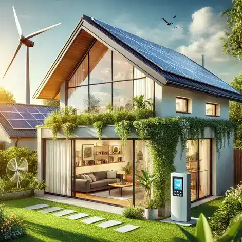 "A modern, eco-friendly home with rooftop solar panels, representing the shift to Renewable Energy at Home in Contact Ecoplanet"