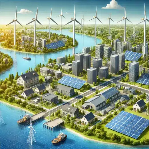 "A modern city using renewable energy sources, featuring solar panels on buildings and wind turbines in the background."