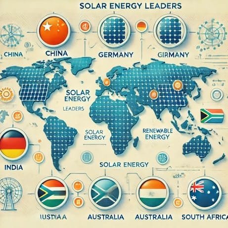 "Solar Energy World map highlighting major solar energy leaders, including China, Germany, the U.S., India, Australia, and South Africa."
