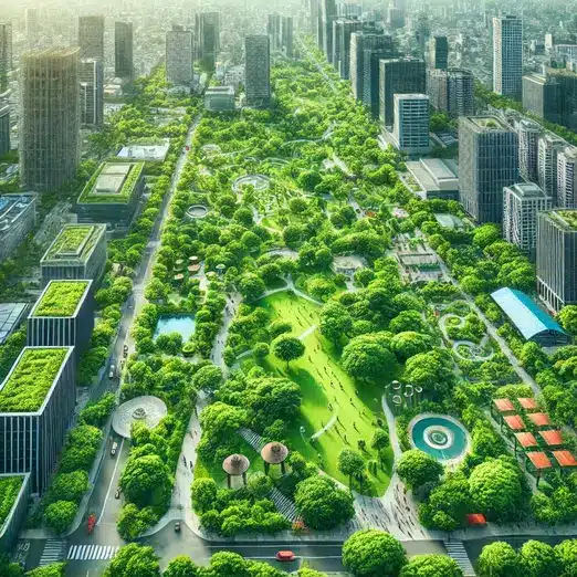 "A city park with lush green trees and plants that help reduce air pollution by absorbing carbon dioxide and pollutants."