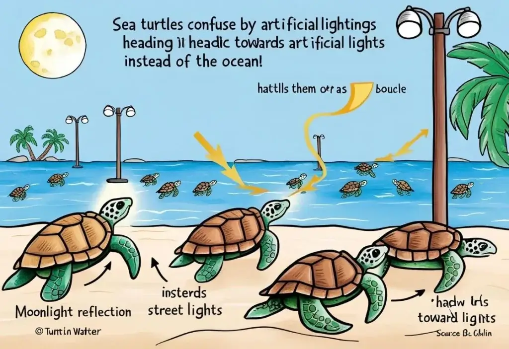"Light pollution drawing for a school project showing Drawing of owl and sea turtle confused by artificial city lights.