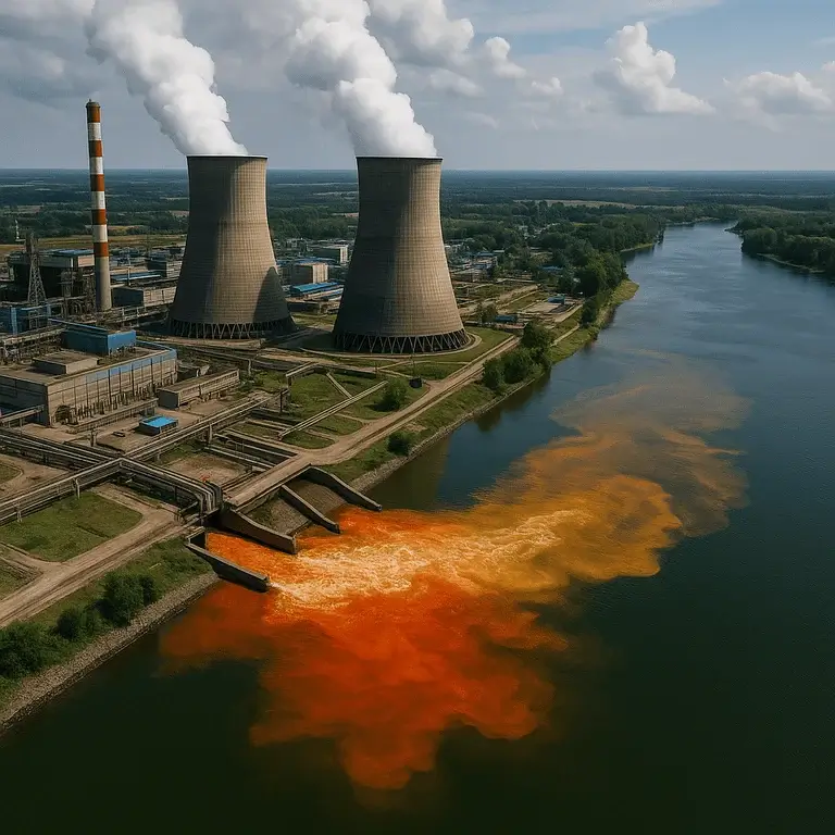A thermal aerial photograph showing thermal pollution in India, with visible heat plumes in a river near a power plant.