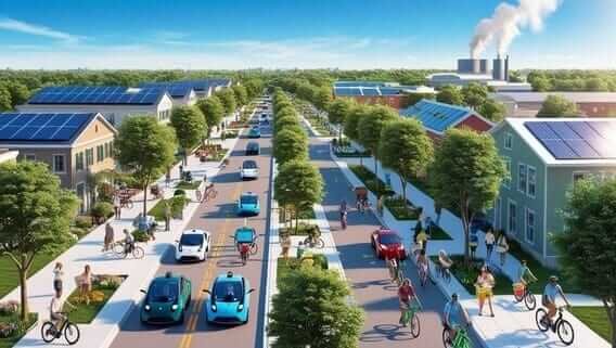 "A split-image illustration contrasts a smog-filled city with gas cars (left) against a clean, green city with EVs and solar panels (right)."