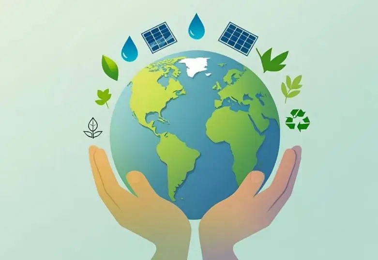 Illustration of hands holding the Earth surrounded by eco-friendly symbols like solar panels, water drops, and leaves, promoting sustainability—Contact Us Ecoplanet for environmental solutions.