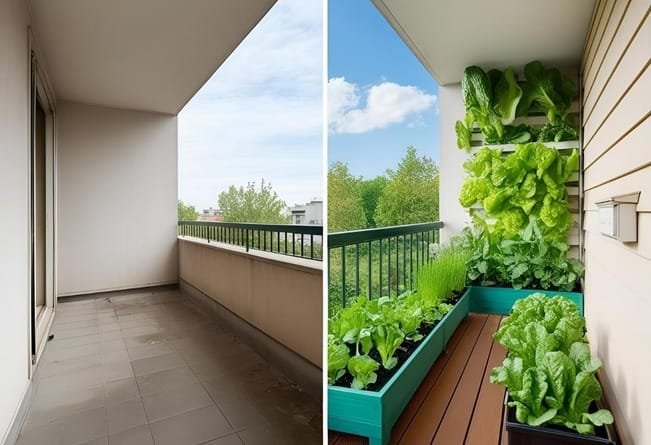 "Balcony Vegetables for Beginners: Before and after transformation of a balcony garden showcasing growth and flourishing vegetables in containers"