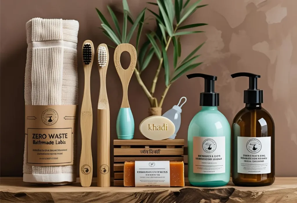 Zero Waste Home Ideas featuring bamboo toothbrush, soap bars, and menstrual cup in an Indian bathroom