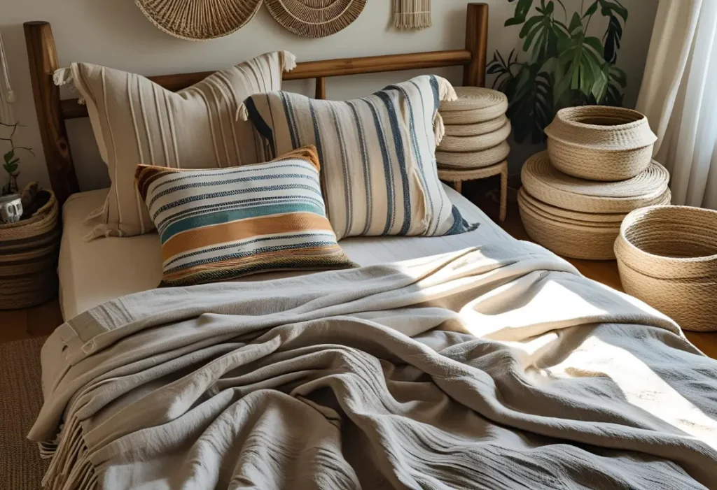 Zero Waste Home Ideas for bedrooms using khadi blankets, wooden furniture, and upcycled storage