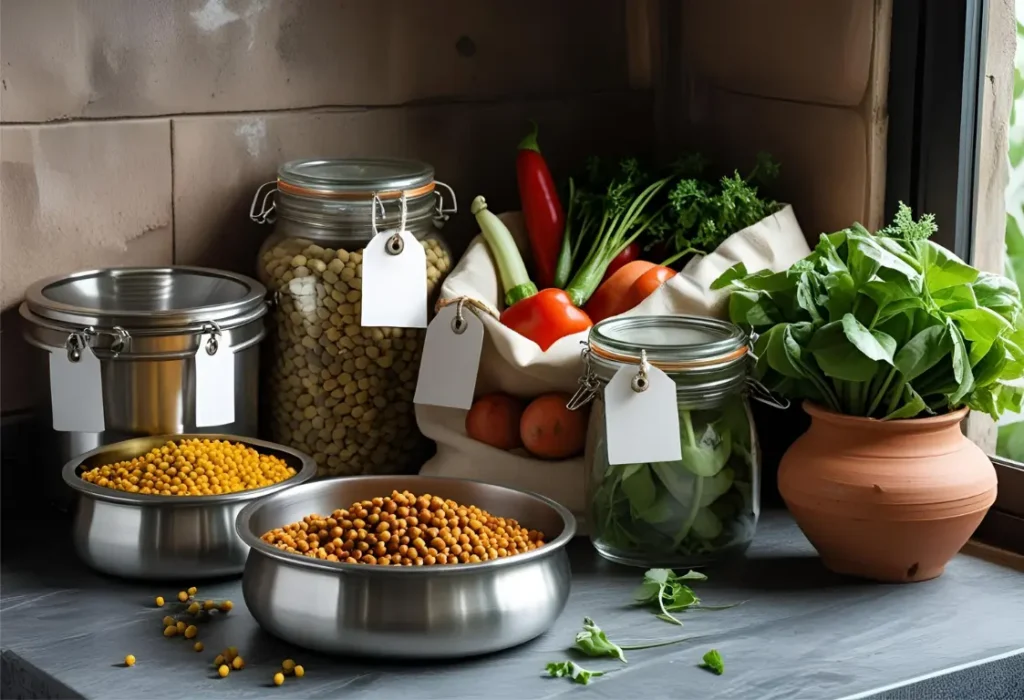 Zero Waste Home Ideas for Indian kitchens including steel dabbas, cloth grocery bags, and compost pots