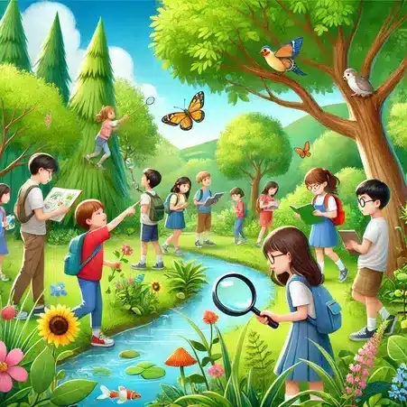 "Environmental Activities for Students: A group of young students on a nature walk, observing plants, trees, and wildlife, learning about biodiversity and environmental conservation."