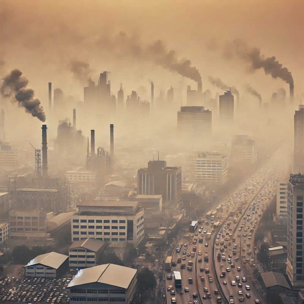 "Which Type of Pollution Includes CFCs and Smog? A city skyline covered in dense smog, illustrating the impact of air pollution from vehicles and industrial emissions."