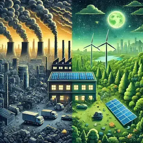 "Environmental Activities for Students: A powerful illustration showing the contrast between a polluted city with factories and smog versus a clean, green environment with trees, solar panels, and sustainable energy."