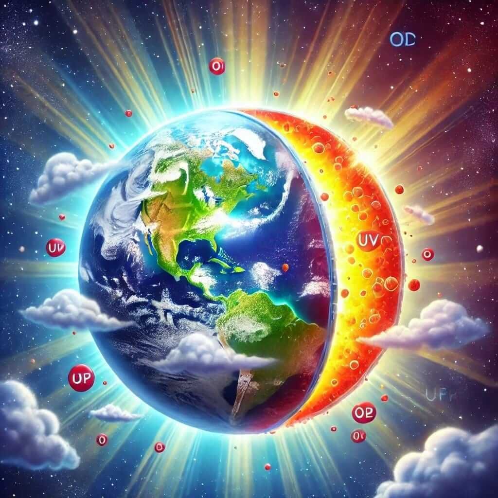 "Which Type of Pollution Includes CFCs and Smog? Illustration of ozone layer depletion caused by CFCs, showing how UV rays penetrate through the damaged ozone layer."
