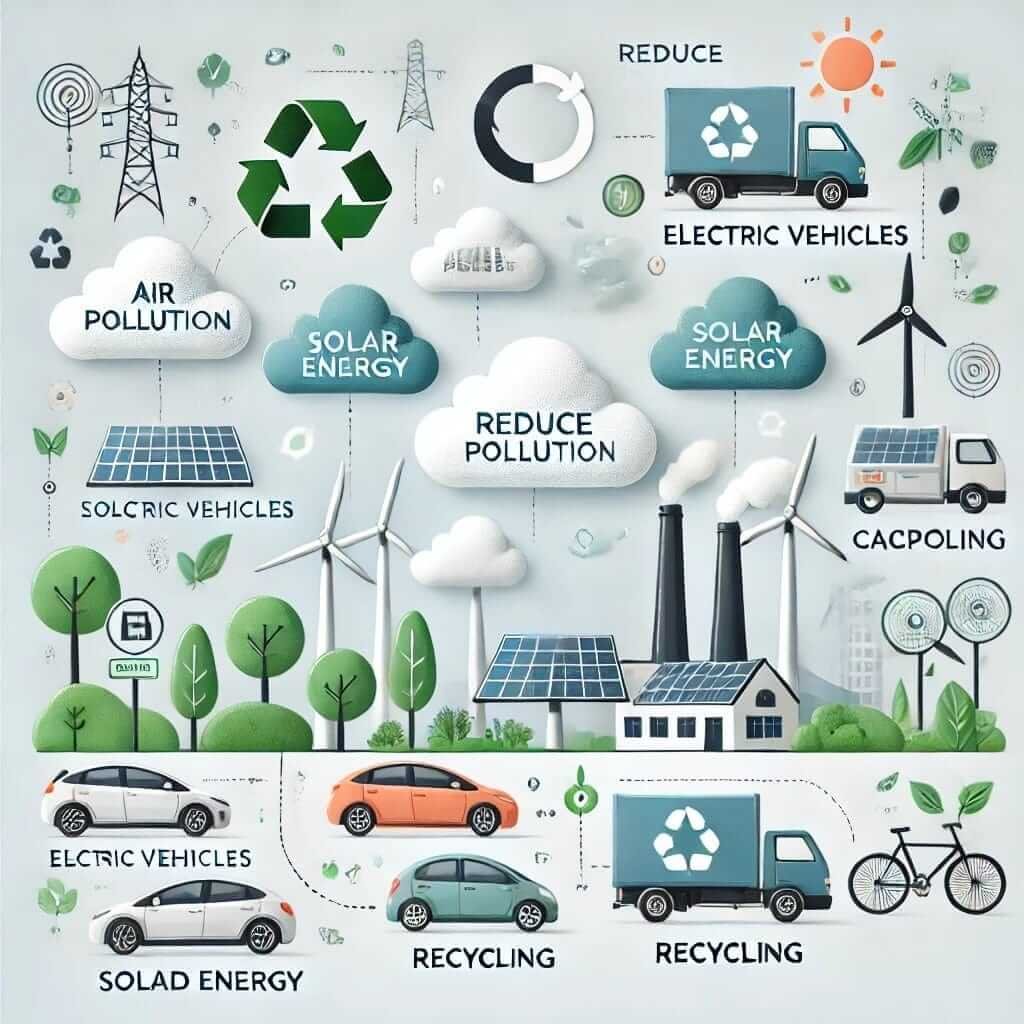 "Which Type of Pollution Includes CFCs and Smog? Infographic showing solutions to reduce air pollution, including electric vehicles, renewable energy, and carpooling."