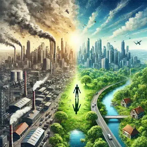 "Illustration depicting Human-Environment Interaction, showing the contrast between urbanization with pollution on one side and a lush green landscape on the other, with a human figure standing in the middle as a connection between people and nature."