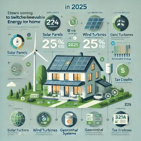 "Infographic detailing the costs and incentives of switching to renewable energy at home in 2025, including solar, wind, and geothermal options."