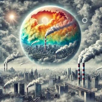 "Which Type of Pollution Includes CFCs and Smog - Depiction of air pollution with smog and industrial emissions."