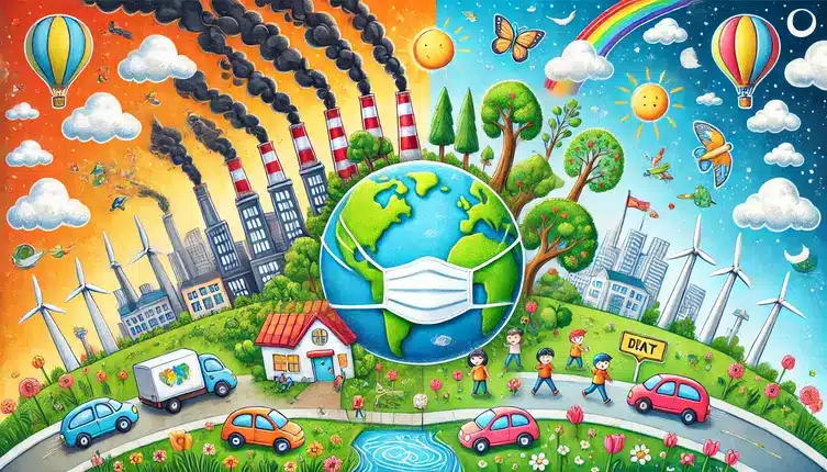 "Environmental Activities for Students: A visual comparison of an industrial area with smoke-emitting factories and an eco-friendly space with greenery, clean energy, and tree planting."