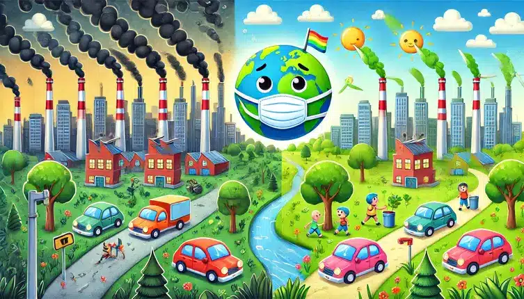 "Environmental Activities for Students: A side-by-side representation of a polluted urban landscape versus a green, sustainable community focused on renewable energy and environmental awareness."