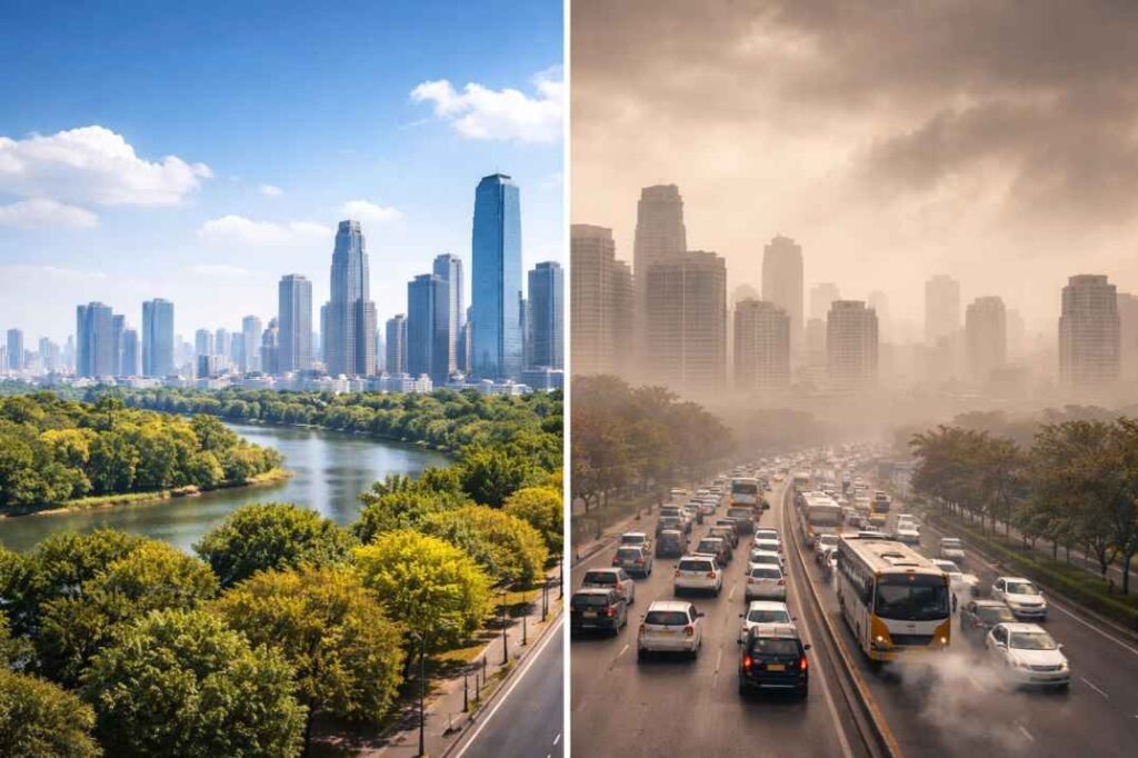 Clean and smog-covered city skyline comparison illustrating visible air pollution in India