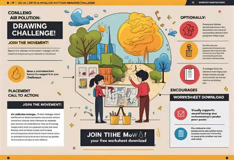 Colorful poster promoting an air pollution drawing challenge with icons of clean air, trees, and eco-friendly actions.