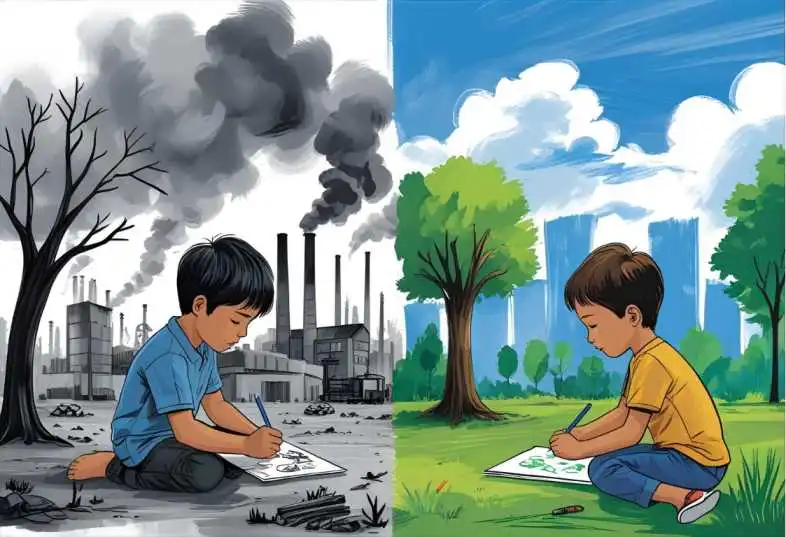 Children creating drawings that contrast a polluted gray city with a clean green environment, promoting air pollution awareness through art.