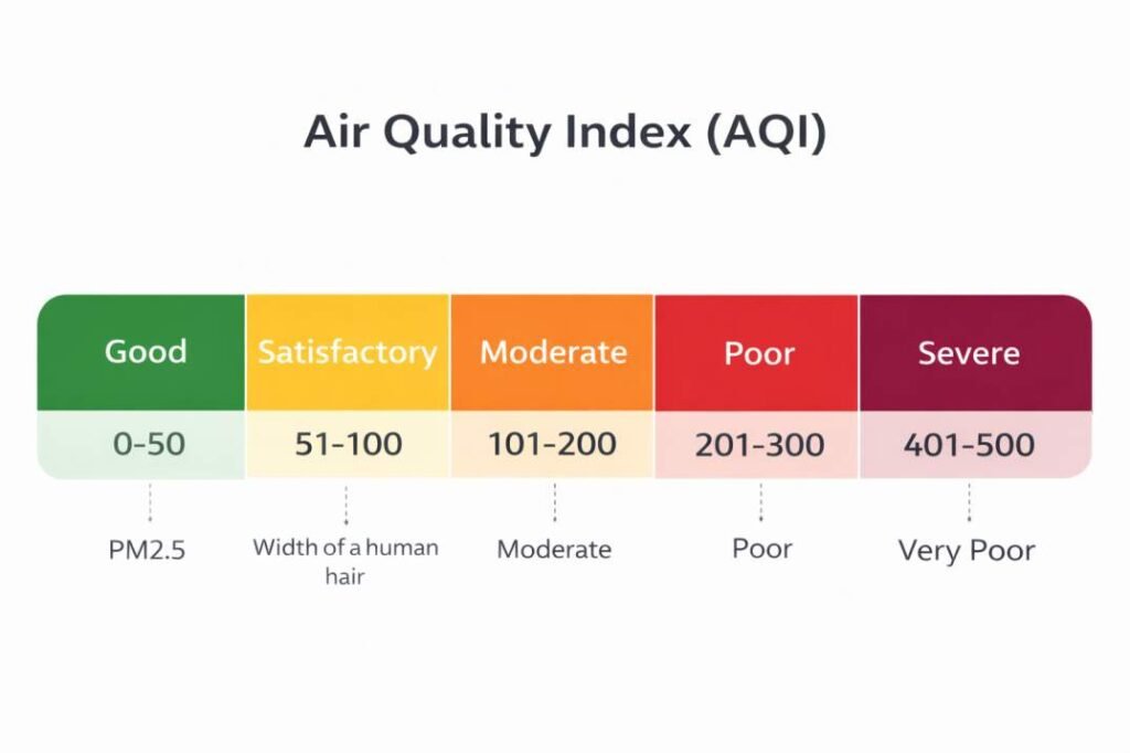 Air Quality Index scale from Good to Severe used for reporting air pollution levels in India