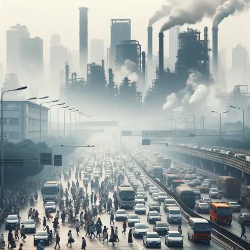 ๐ท Urban air crisis: A city skyline obscured by thick smog while pedestrians wear protective masks to shield themselves from vehicle emissions and factory smoke.