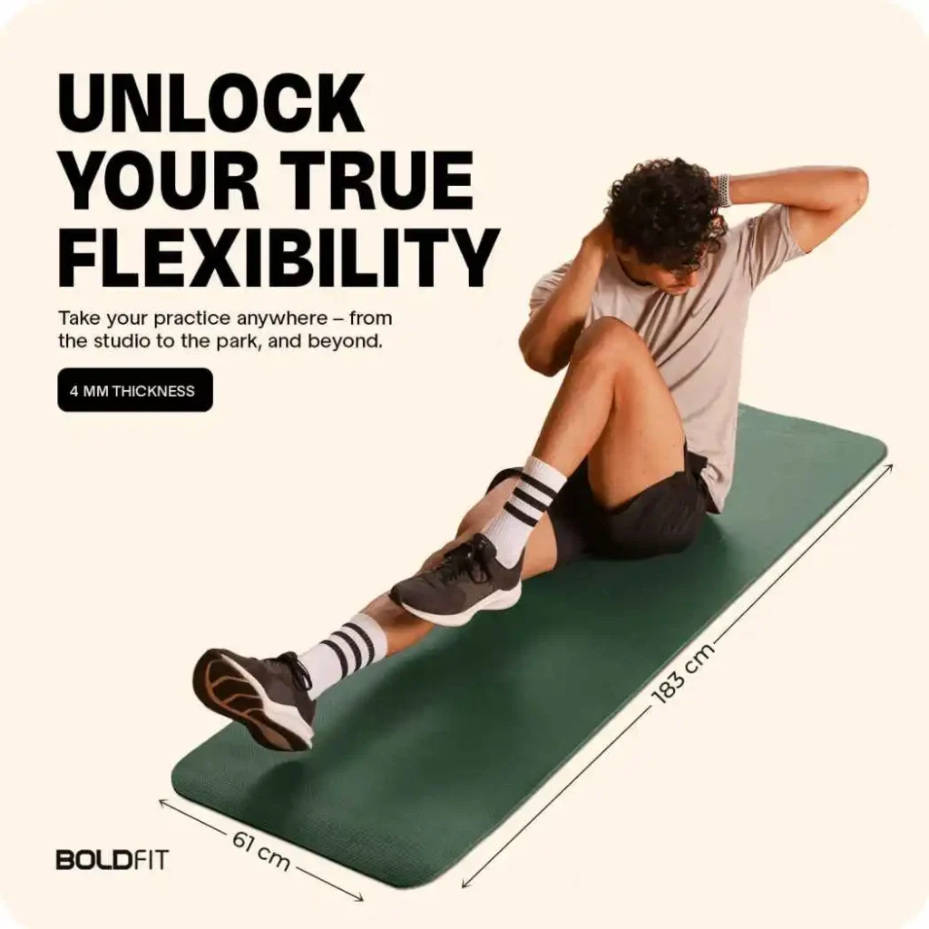 Boldfit green EVA yoga mat for home workouts, lightweight and anti-slip design suitable for adults and kids