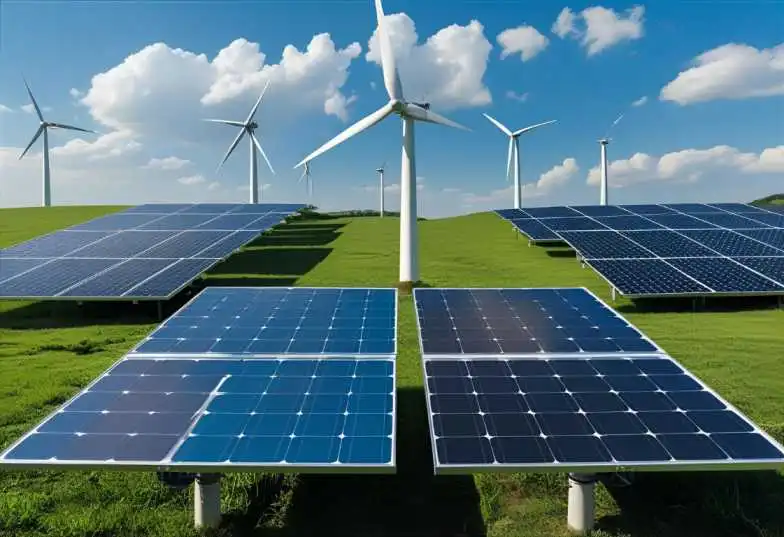 Wind turbines and solar panels generating renewable energy in a green landscape