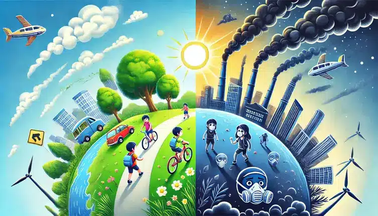 "Environmental Activities for Students – A striking illustration comparing a clean, green environment where children engage in outdoor activities with a polluted, industrialized world where people wear masks due to air pollution."