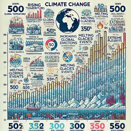 "Bar graph depicting key climate change indicators over the past 50 years, highlighting rising global temperatures, increasing CO₂ emissions, melting glaciers, and extreme weather events as part of Human-Environment Interaction."