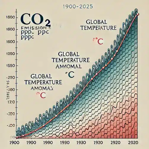 "Line graph depicting the correlation between CO₂ emissions and rising global temperatures over the past century, showing the impact of Human-Environment Interaction on climate change."