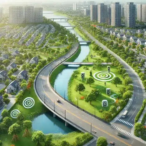 "An urban neighborhood implementing Solutions for Noise Pollution with green parks, noise barriers, and quiet zones."