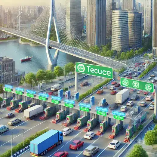 A city implementing congestion pricing with digital road signs to control traffic and reduce air pollution from vehicles."