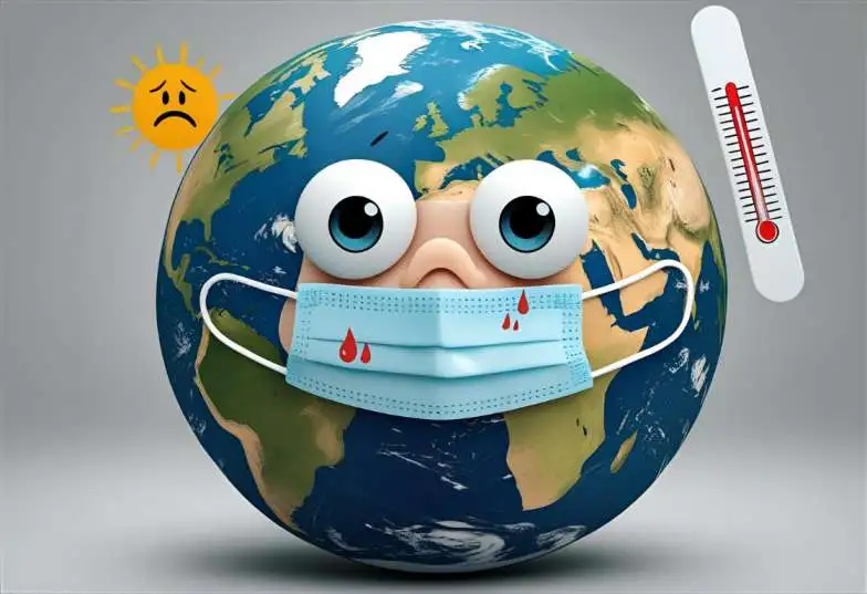Cartoon Earth wearing a mask, looking sad, with smoke and factories around it to show air pollution.