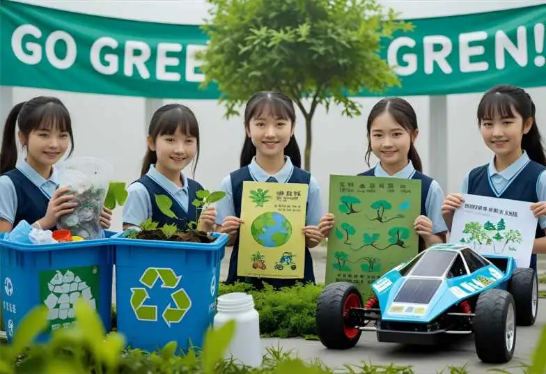 Students participating in eco-friendly competitions like recycling, tree planting, poster making, and solar car racing at school.