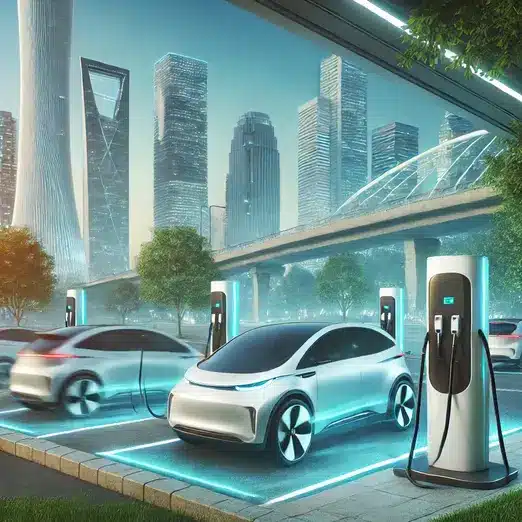 "Electric vehicles charging at a public station, showcasing a sustainable solution to reduce air pollution in urban areas."