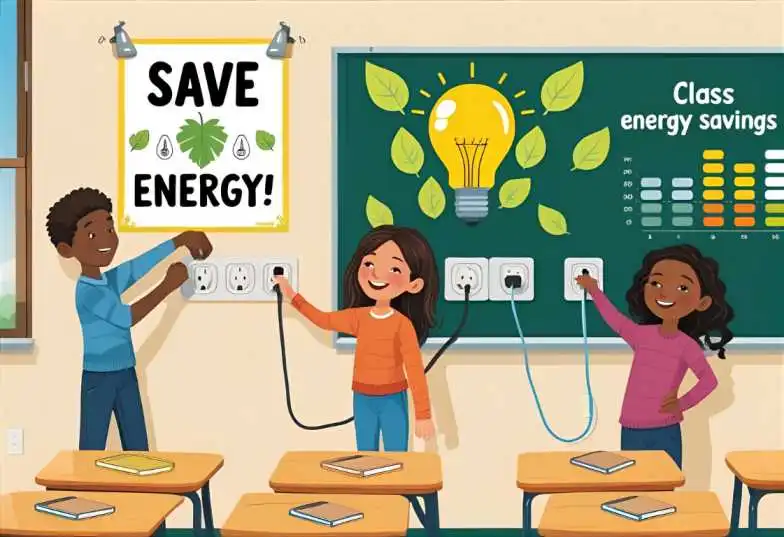 Students participating in an energy-saving challenge by turning off lights, unplugging devices, and tracking their progress on a classroom chart.