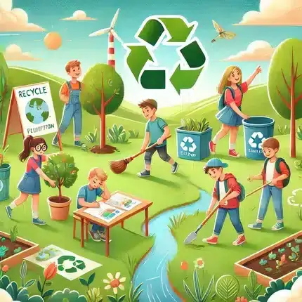 "Environmental Activities for Students: A colorful drawing of kids actively participating in eco-friendly activities like recycling, gardening, and reducing waste in a sustainable school environment."