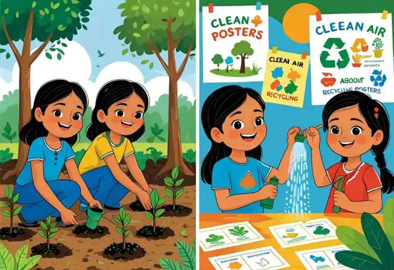 Students enjoying fun and easy environmental activities like planting trees, recycling, drawing eco-posters, and going on a nature walk.