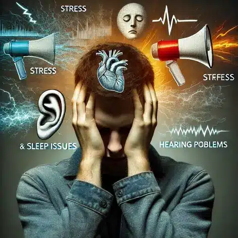 "A person suffering from the effects of noise pollution, highlighting the need for Solutions for Noise Pollution."