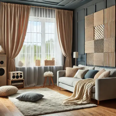 "A quiet home with soundproofing techniques as Solutions for Noise Pollution, including thick curtains and acoustic panels."