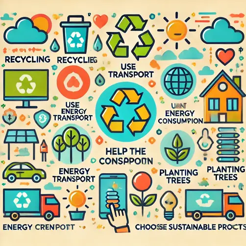 "Infographic illustrating eco-friendly actions such as recycling, using public transport, and conserving energy, promoting positive Human-Environment Interaction."