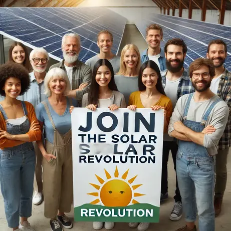 "Solar Energy World diverse group of people standing next to solar panels, holding a 'Join the Solar Revolution' banner, promoting clean energy adoption."